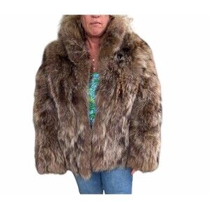 Vintage 100% Real Fur Jacket Brown Tan Bobcat Style Coat Y2K Glam Spotted Short